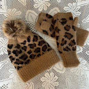Cheetah Print Hat and Fingerless Glove Set